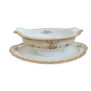 Noritake China Dimity Gravy Boat With Attached Under Plate #4904 Gold Edge Rose